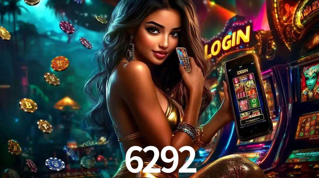 Mulher em um cenário de cassino temático de aventura, mostrando o app de caça-níqueis da 6292 no celular. Fichas de apostas flutuam ao redor.