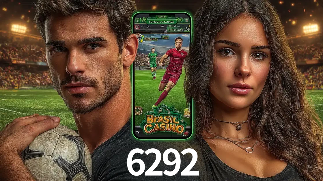 Homem segurando uma bola de futebol e uma mulher ao lado de um smartphone exibindo o jogo de apostas esportivas da 6292. Faça seu palpite no cassino online.